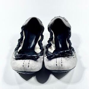 TOD'S Brown Suede, Black Patent Trim &Tassels Driving Ballet Flats, Size 37.